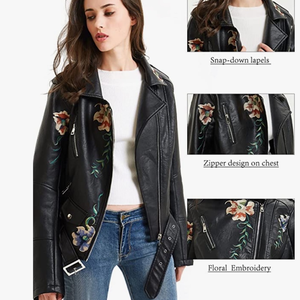 Biker NWOT Black faux leather floral asymmetric Moto biker jacket M - Picture 4 of 7